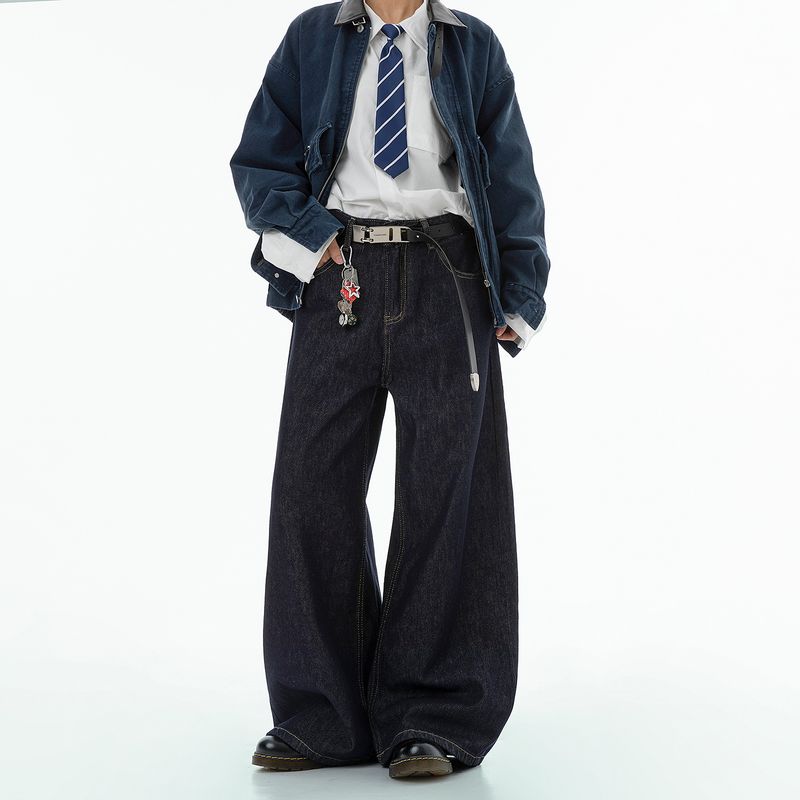 

Dream Made American-Style Denim Blue Raw Denim Jeans for Men, Spring and Autumn Straight-Leg Loose Workwear Wide-Leg Pants Dark Blue XL