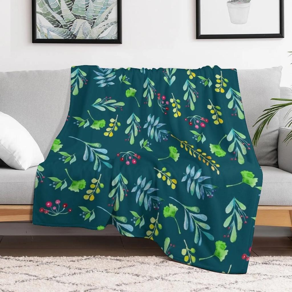 Green and Blue Watercolor Flowers & Leaves Pattern Throw Blanket All Season Soft Lightweight Blanket for Home