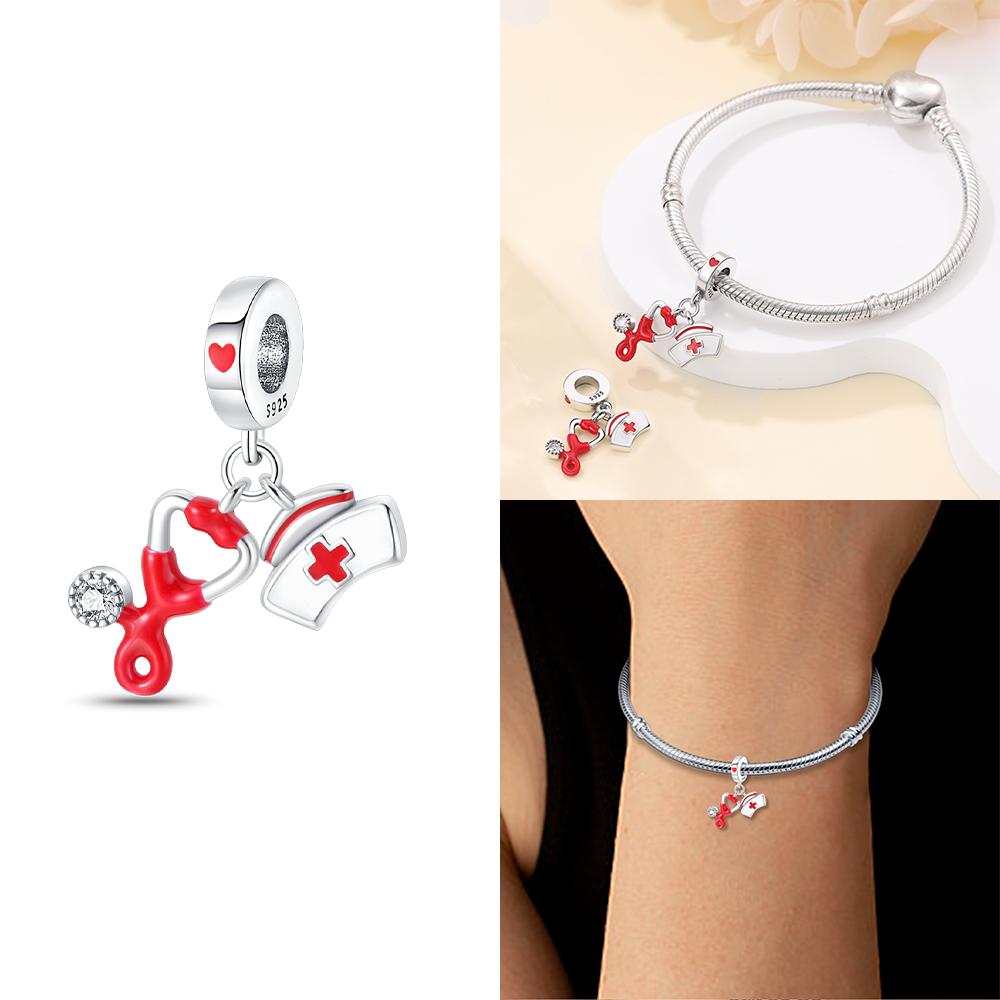 Teeth Protection Copper Red Heart Medical Care Dental Nurse Beads Charm For Original Bracelet Woman Girl Jewelry