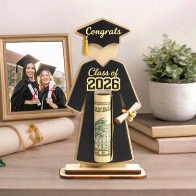 Portfel z czapką i togą absolwenta Drewniany uchwyt na gotówkę Kształt uniformu licencjackiego Uchwyt na gotówkę z logo Klasy 2026 Odpinana podstawa Ozdoba na Graduation