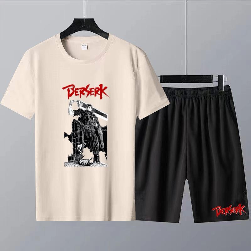 Japanese Anime Berserk Print Men's Round Neck T-shirt Sets Summer T-Shirt Shorts 2pcs Set Oversized Tracksuit Casual Men Clothes