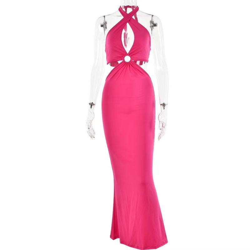 

European and American Sexy Hanging Neck Bandage Backless Dress Sexy Hanging Neck Open Back Dress Rose Red L