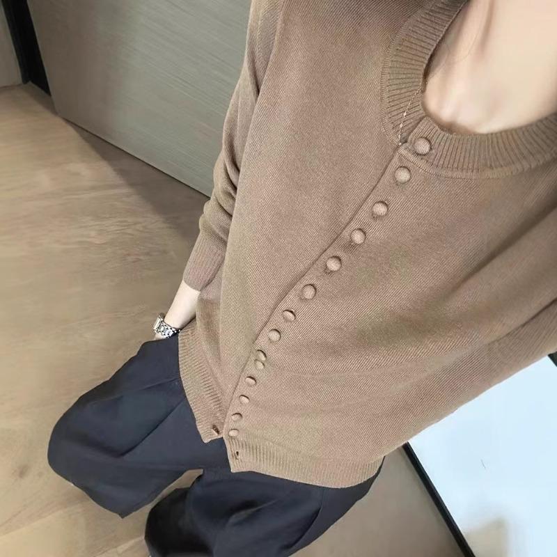 Inside, gray crew neck knitted cardigan, women's early autumn wear, design sense niche long-sleeved top