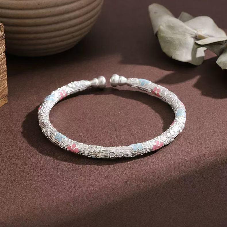 Ethnic Style Openable Sterling Silver 999.9 Cherry Blossom Gourd Bracelet for Women
