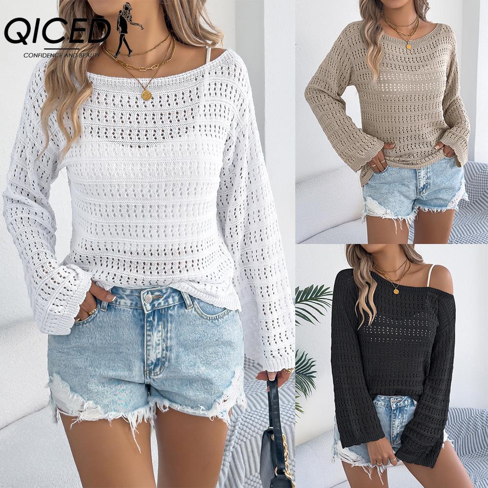 QICED Early Autumn One-neck, Cut-out Long-sleeved Knitted Sweater, Casual and Loose Outerwear for Women
