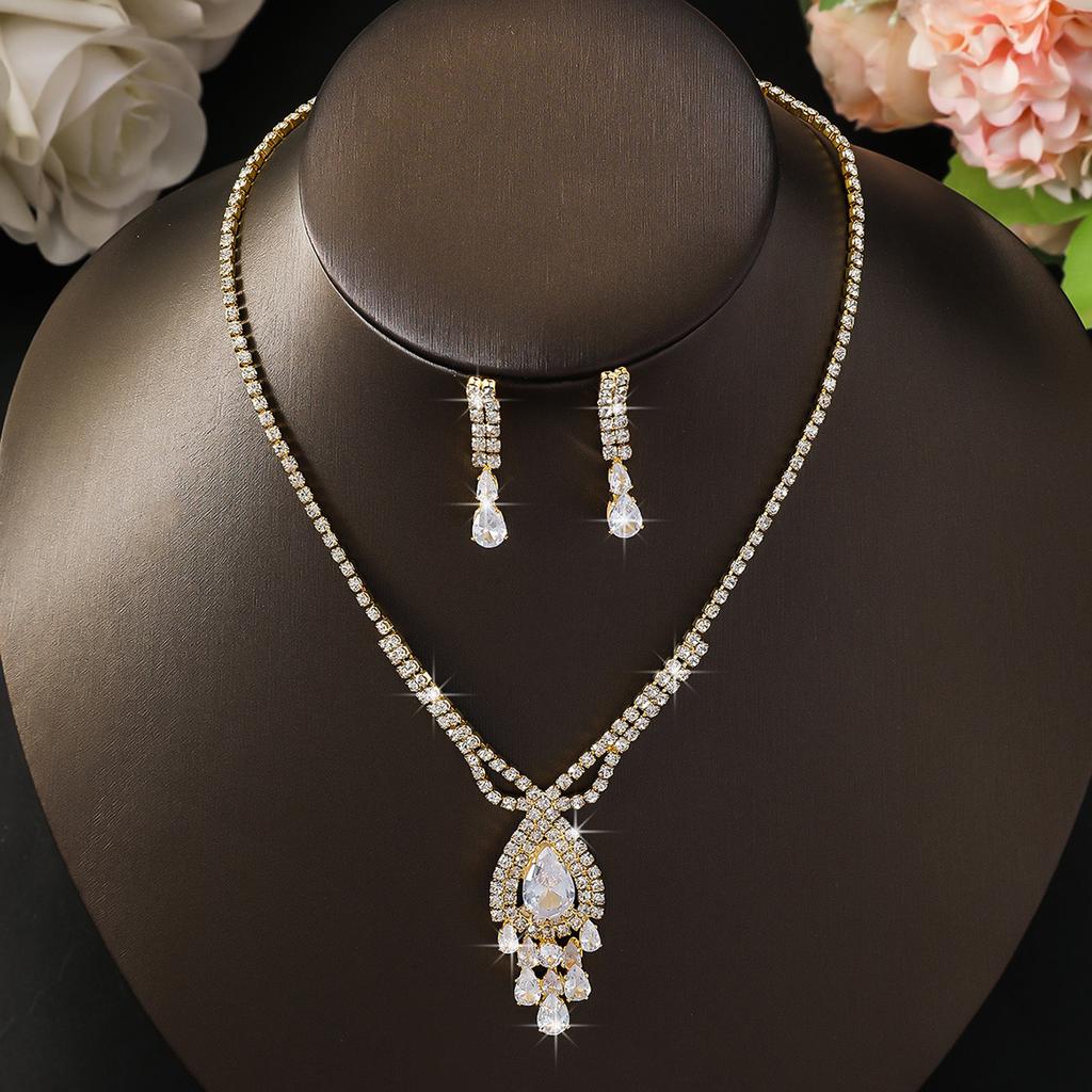 Full Diamond Zircon Stud Earrings Necklace Two-Piece Set Cold Wind Collarbone Chain Light Luxury High-End Jewelry Set