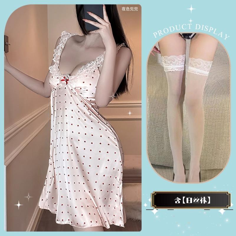 Ice silk suspender nightgown, sexy lace pajamas, spring and autumn pure desire wind women's summer loungewear with chest pads