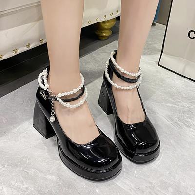 Mode Elegante Pumps Damen High Heels Schuhe Schwarzes Leder Mary Janes Eckige Zehenpartie Riemchen Perlen Dekor Schuhe Büro Retro Dicker Absatz Schuh