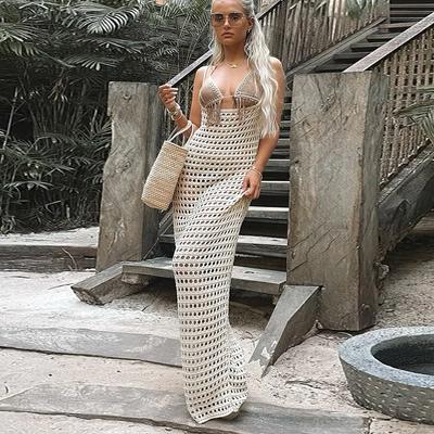Sommer Damen Rückenfrei Strand Strick Aushöhlen Bluse Lange Kleider