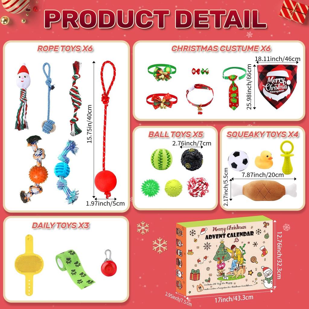Hund Adventskalender 2025, Jul Hundleksaker Tugrep Pipiga Bollar Bitringar Halsband Bandana, 24 Set Jul Nedräkningskalender Gåva till Hund