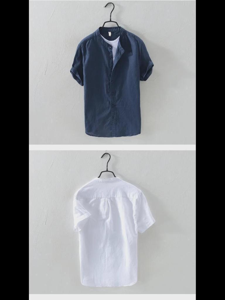 Men's Short-Sleeve Linen Shirt, Chinese Stand Collar, Casual Loose-Fit, Summer Trend