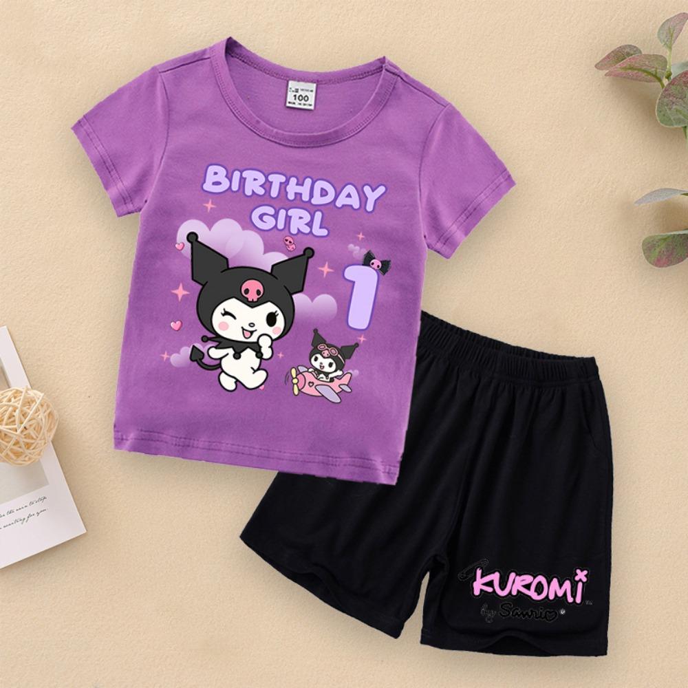 Child T Shirt Set Sanrio Kuromi Birthday Numbers Girls Summer Casual Cropped Two Piece Suit Cartoon Print Cotton Clothing Gifts 110
