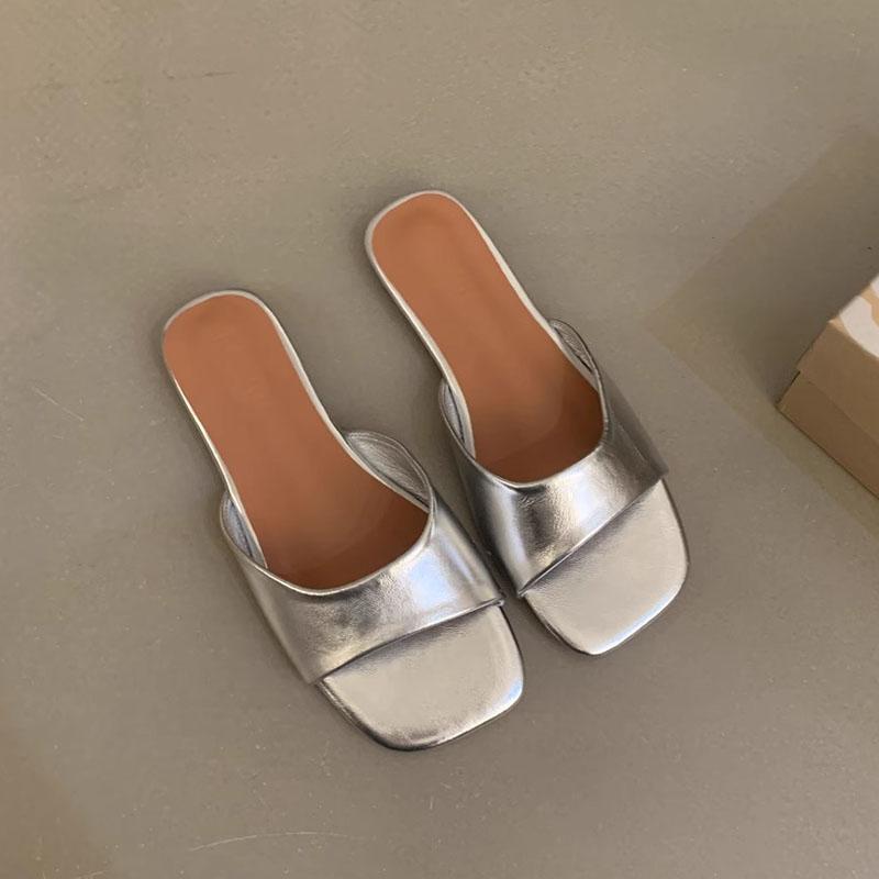 Women Flats Slippers Fashion Open Toe Ladies Outdoor Beach Vacation Sandal Summer Women's Silvery Shoes Casual Square Toe Slides