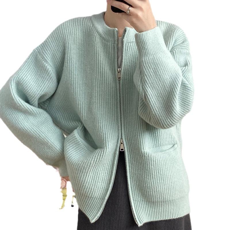 Double zipper solid color design sweater cardigan women's spring and autumn new Korean loose casual knitted sweater women