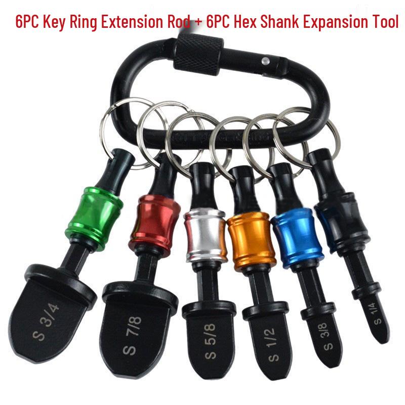 6-Piece Colorful Keychain Set: Extension Rods and Mountaineering Buckle with 1/4" Hex Drill Bit Storage Extension Rod