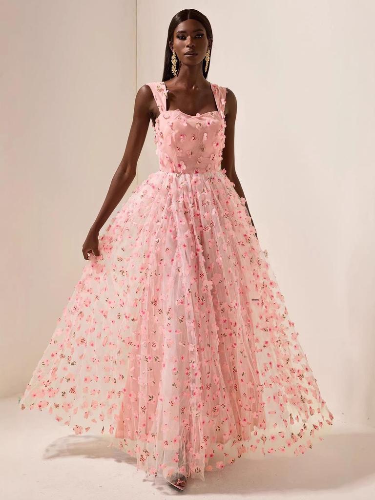 2026 Sommer Europäisches & Amerikanisches Damen Quadratischer Ausschnitt Netz-Taille Abendkleid