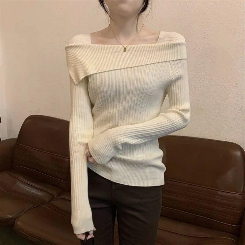 Slash Neck Knitwear Off Shoulder Top Women's Thin Bottomed Shirt Slim Long Sleeve Hotsweet Casual Commuting New Fashion