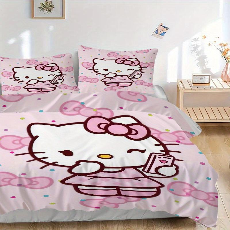 3pcs Sweet Hello Kitty Printed Bedding Set, Soft and Comfortable Quilt Cover for Bedroom, Guest Room (1 Duvet Cover + 2 Pillowcases, Pillow