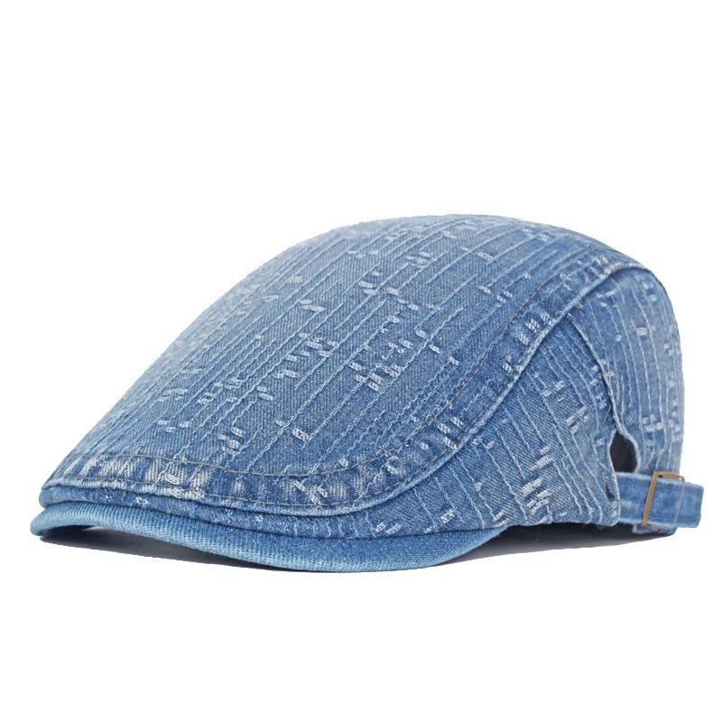 Spring Summer Solid Color Newsboy Caps Men Washed Denim Cotton Flat Peaked Cap Women Painter Beret Hats