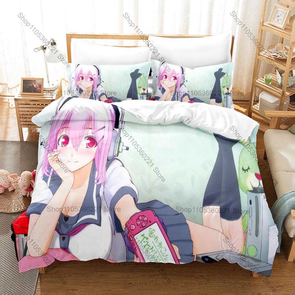 Anime Style Bedding Set, Duvet Cover + 2 Pillowcases, Super Sonico Design Comfortable Home Bedding Supplies