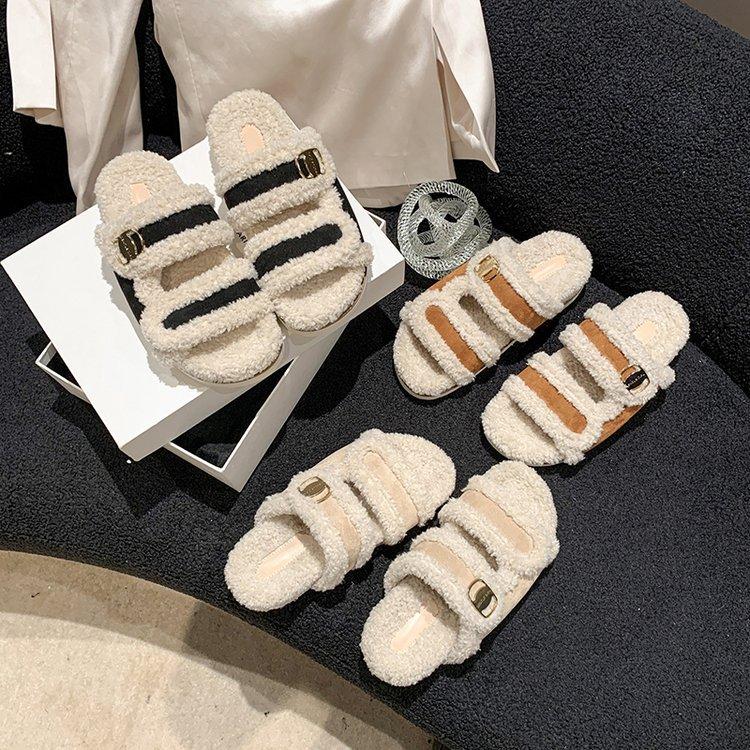 Ruth with INS thick bottom legs long hair slippers women wear autumn and winter versatile Internet celebrity one-word drag tide