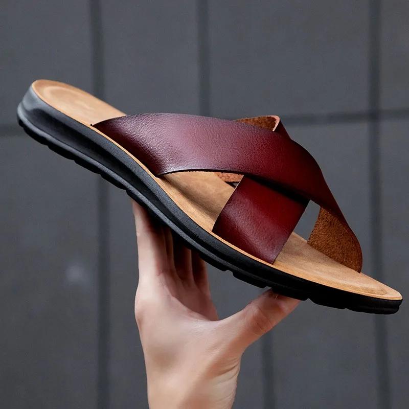 Fashion Men Shoes New  Summer Shoes Italian Leather Slippers Men High Quality Size 38-47 Beach Slip on Flats Man Flip Flops Mens Sandals