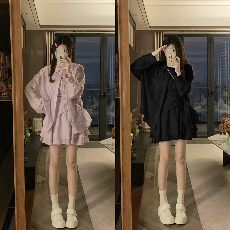 

2026 Spring/Summer Korean Style Plus Size Sun Protection Tank Top, Shirt & Slimming Skirt Set XXL чорний