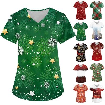 Ropa de trabajo de manga corta con cuello en V a la moda para mujer con bolsillos Tops estampados navideños