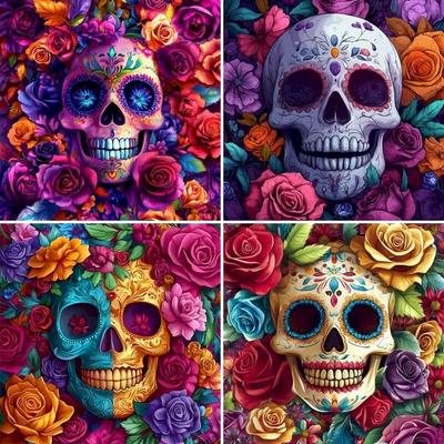 Diamond Painting Totenkopf Blume Diamantstickerei Strassbilder Kreuzstichsets Mosaik Geschenke
