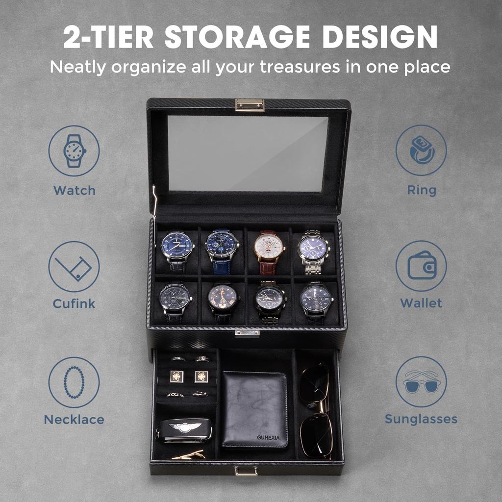 ProCase PU Montre Peut Contenir 8 Rangement Accessoire Organise Petit Parfait pour les Anniversaires et les Anniversaires Boîte Tout Noir, 2 Niveaux, Montres, Unisexe, Boîte, Étui,