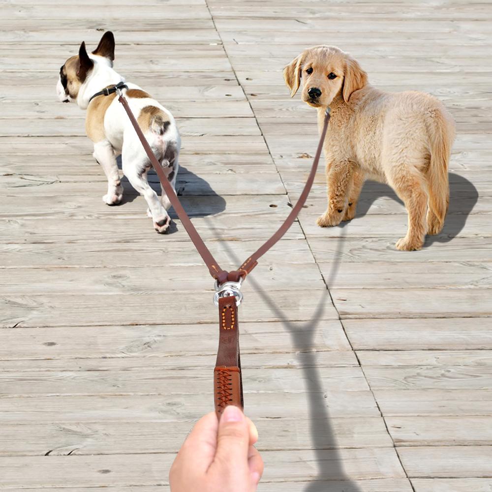 Guinzaglio per Cani a 2 Vie Doppio Due Animali in Pelle Senza Intrecci Accoppiatore con Manico per Passeggiate e Addestramento 2 Cani Piccoli Medi