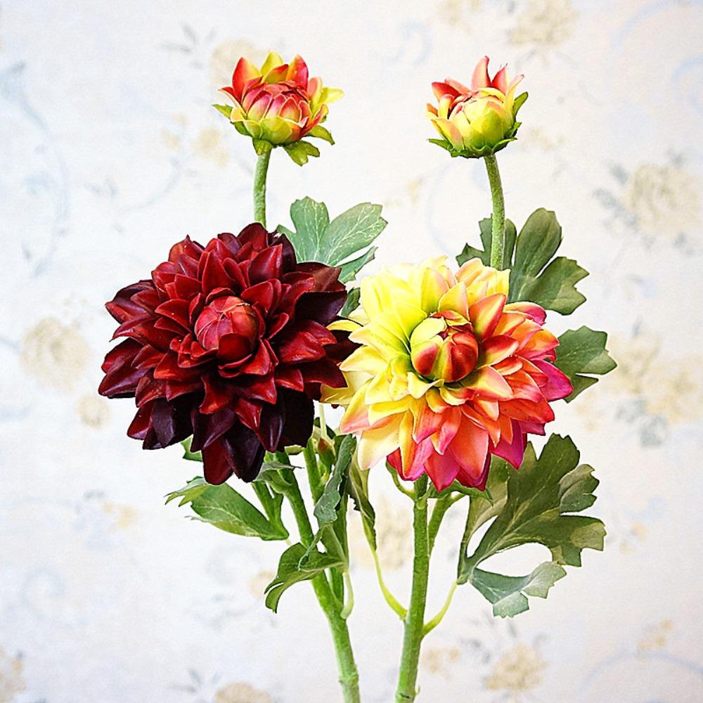 Handmade Simulation Dahlia Flower 2 Heads Fake Flowers Artificial Chrysanthemum  Garden Decor