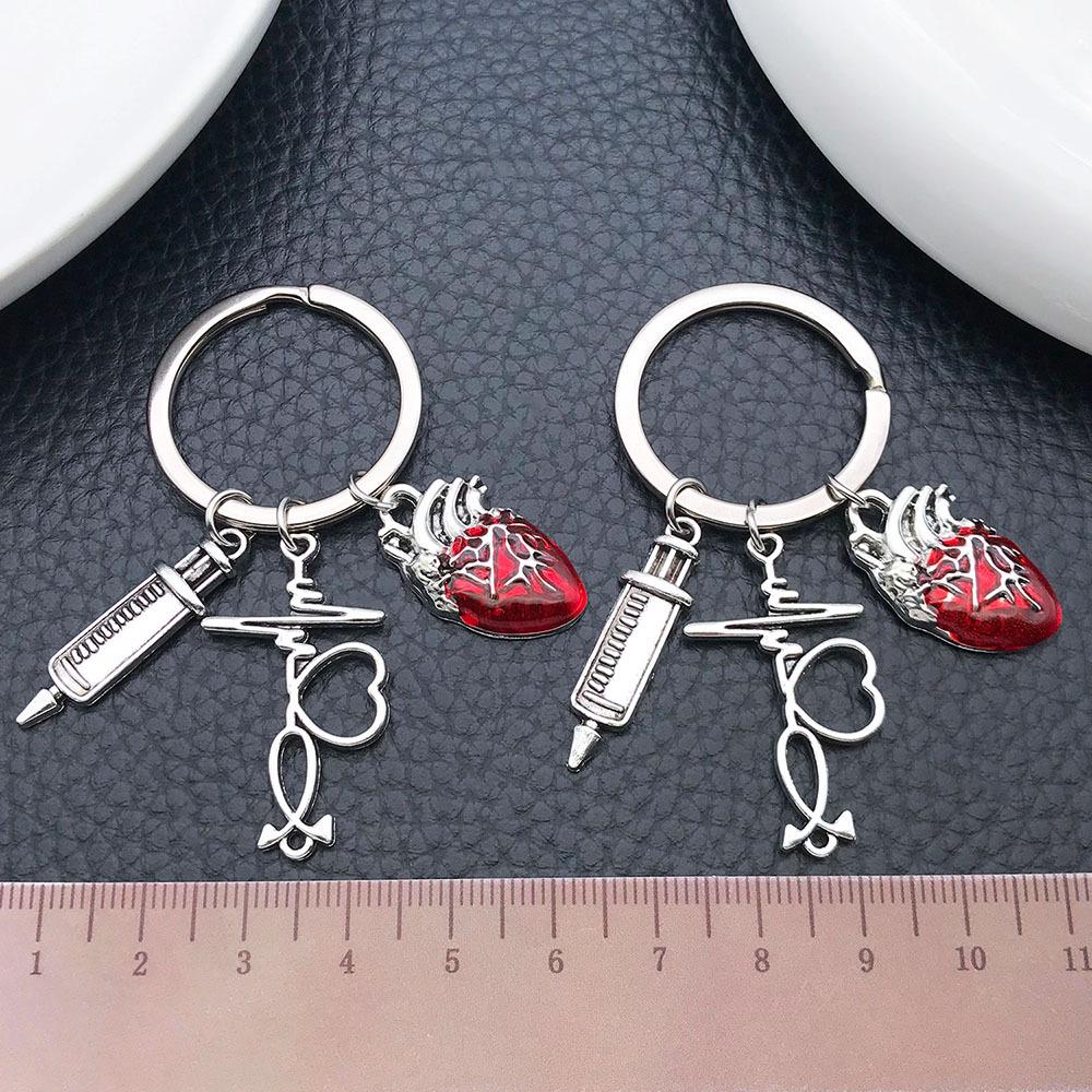 Antique Silver Syringe & Stethoscope Keychain with Red Heart ECG Pendant