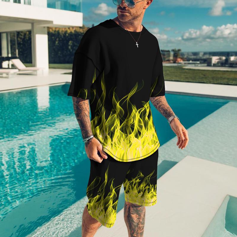 3D Print Flame T-Shirts Shorts Sets Men's Casual Tracksuits Fashion Oversized Short Sleeve T Shirt Pants Suits Clothing
