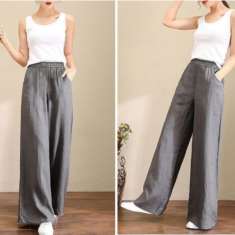 Pantaloni largi din bumbac și cânepă pentru femei, cu talie mare elastică, care atârnă cu senzație de vară, pantaloni subțiri, pantaloni casual largi din bumbac și cânepă