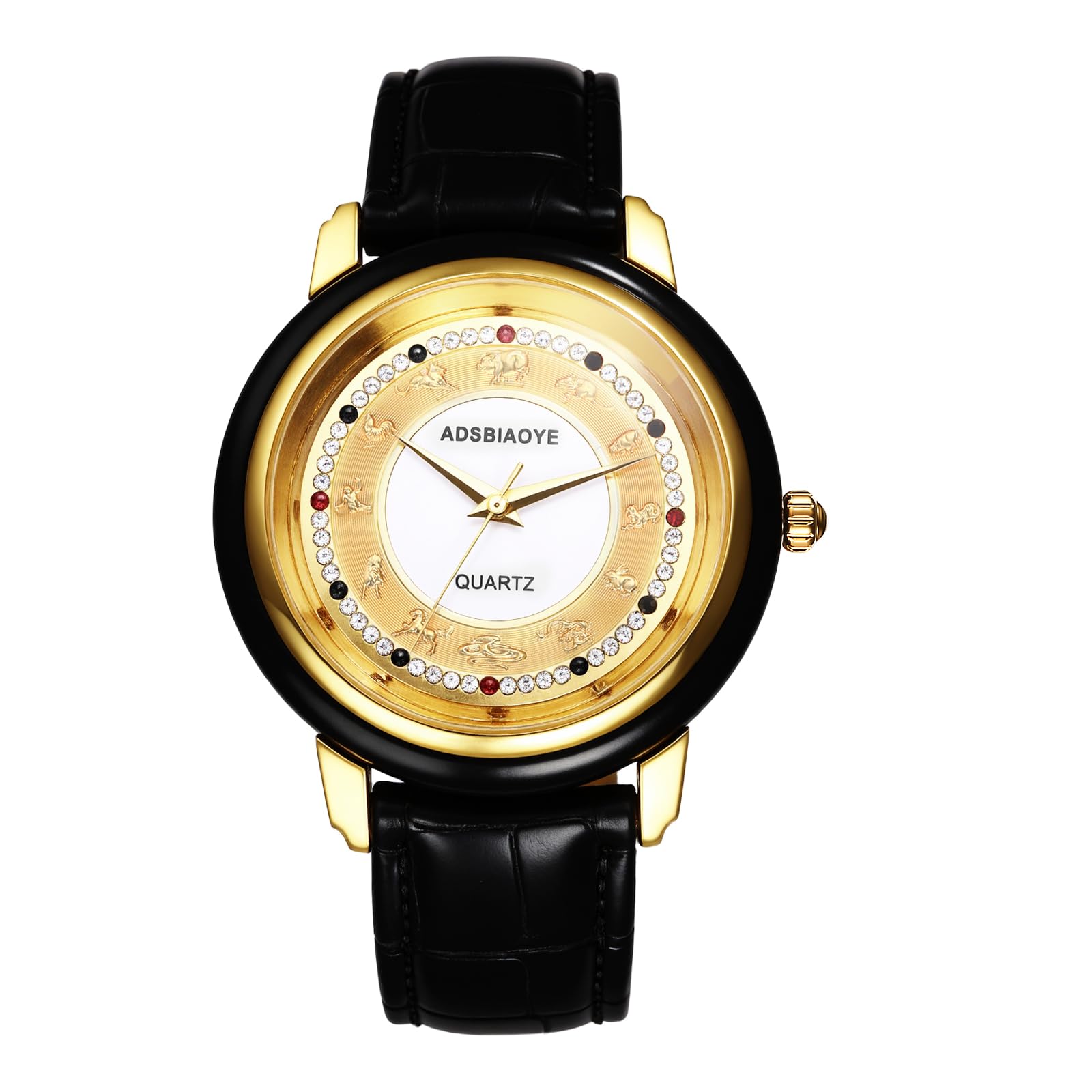 

Men s Watch with Genuine Leather Strap and Zodiac Diamond Design: Analog Quartz Movement, Jade-Like Design, Waterproof, Chinese Zodiac Design, Unique