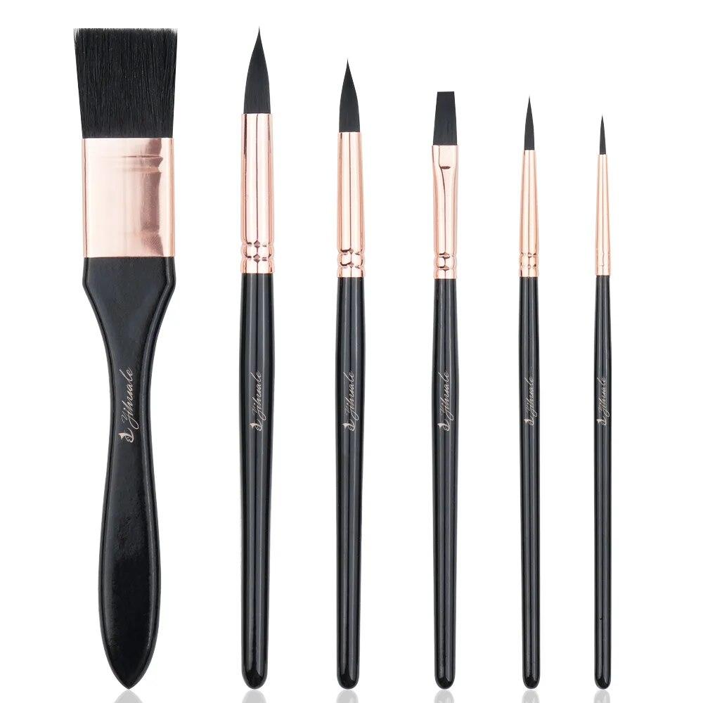 

6 шт. набор с плоской заостренной головкой, нейлоновые кисти для волос художника, кисти для рисования акварелью, художественные кисти для акрила, масла, гуаши, короткий стержень, товары для рукоделия чёрный