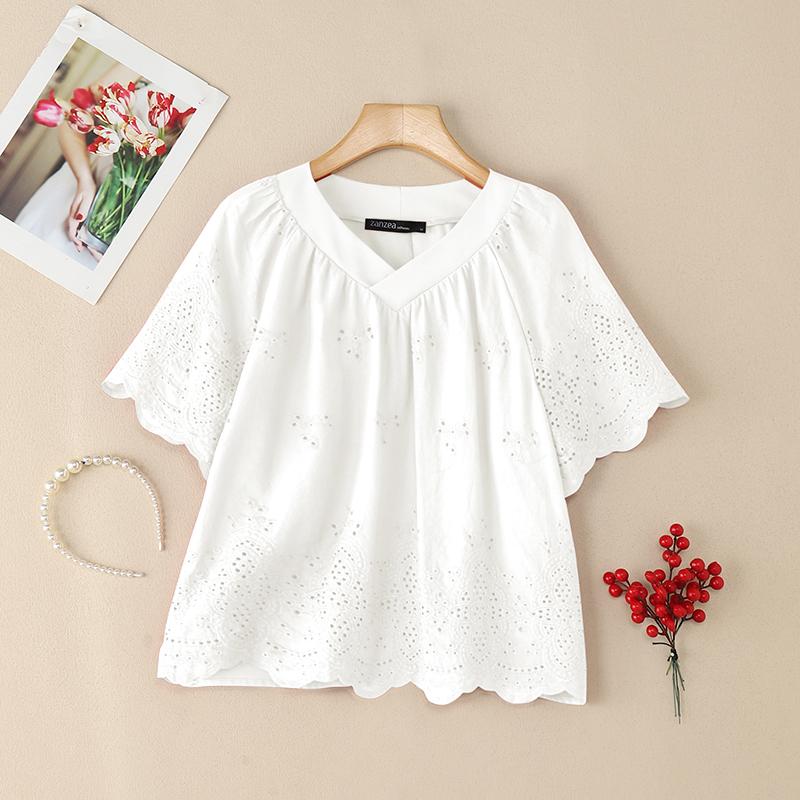 ZANZEA Women Casual V-Neck Short Sleeve Patchwork Crochet Blouse