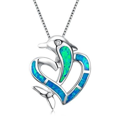 Collier Bohème avec Pendentif Animal Dauphin Cœur pour Femme Fille Collier Imitation Opale Bleue Bijoux de Mariage