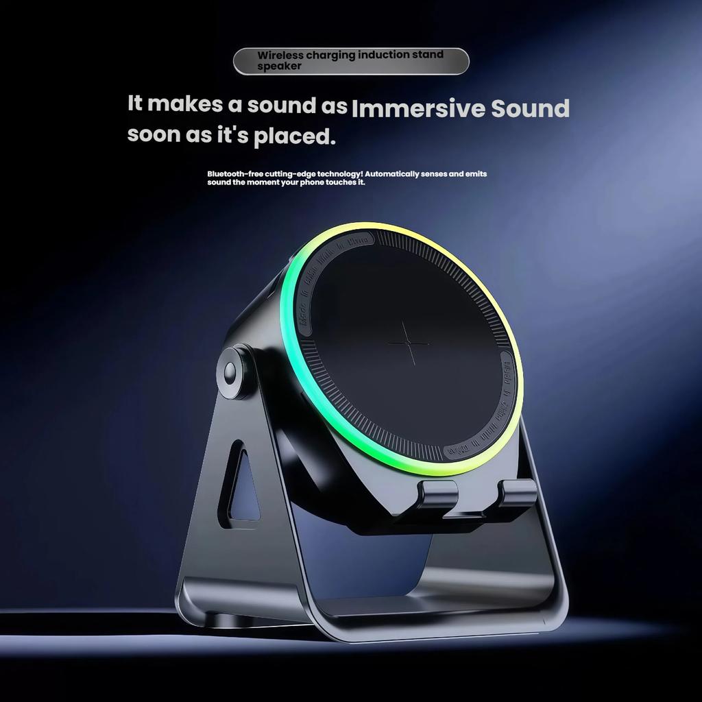 New Multi-functional Wireless Charging Inductive Speaker with Rotating Phone Stand and Bluetooth Speaker