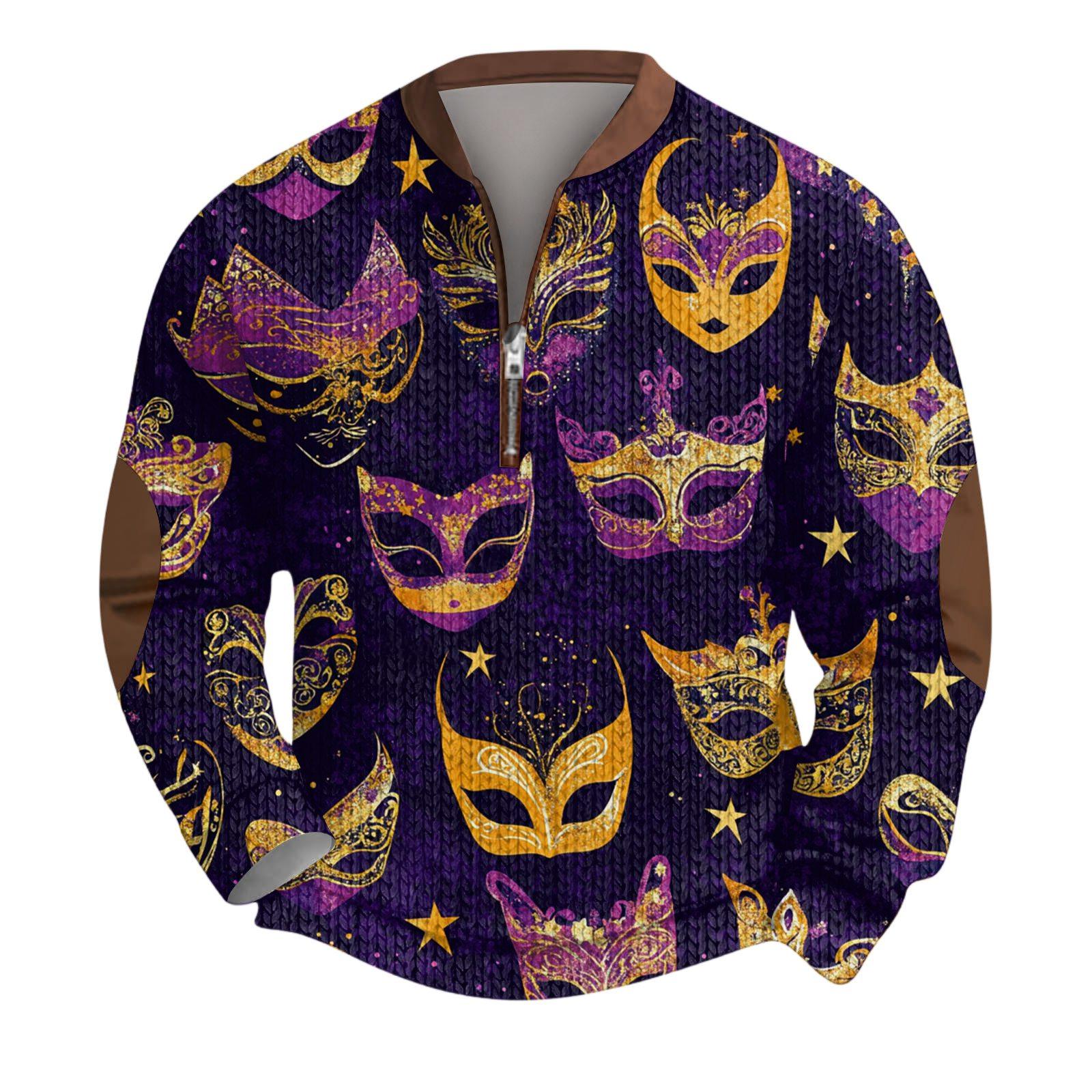 

Mens Christmas Sweater Zip Up Sweatshirts Vintage Knit Graphic Sweatshirt CarnivalStand Collar Pullover XXXXXL