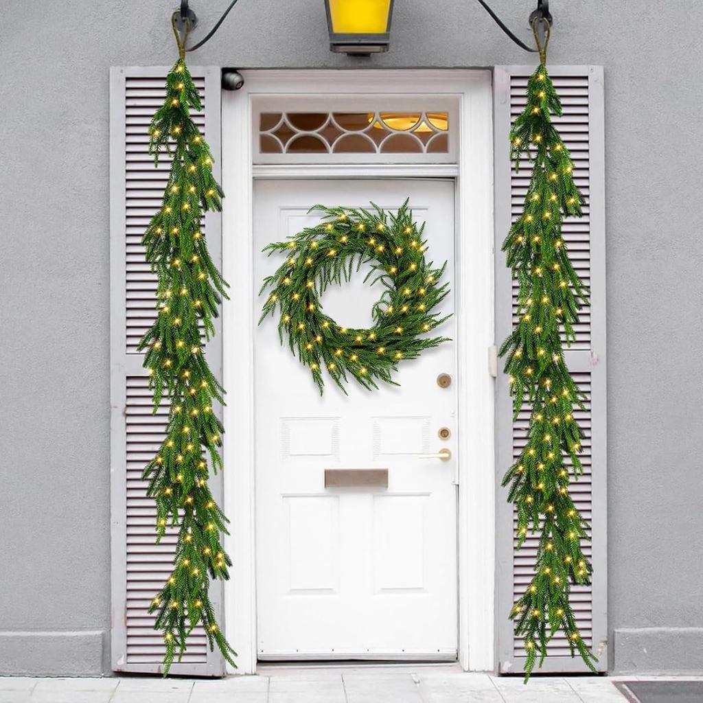Pre-Lit Faux Christmas Garland - LED Lighted for Window Decor, Rustic Holiday Table Runner Decoration