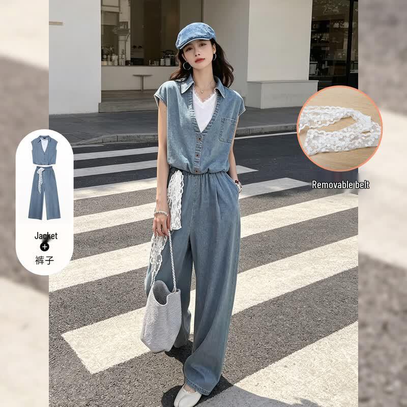 Women s Summer Denim Style Faux Two-Piece Set L