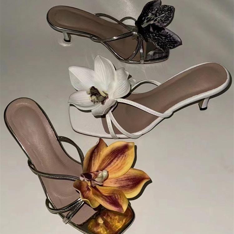 Fashion Sexy Black Heels Women Summer Party Pointed Toe High Heeled Sandals Elegant Floral Slingback Pumps Fashion Stiletto Shoes