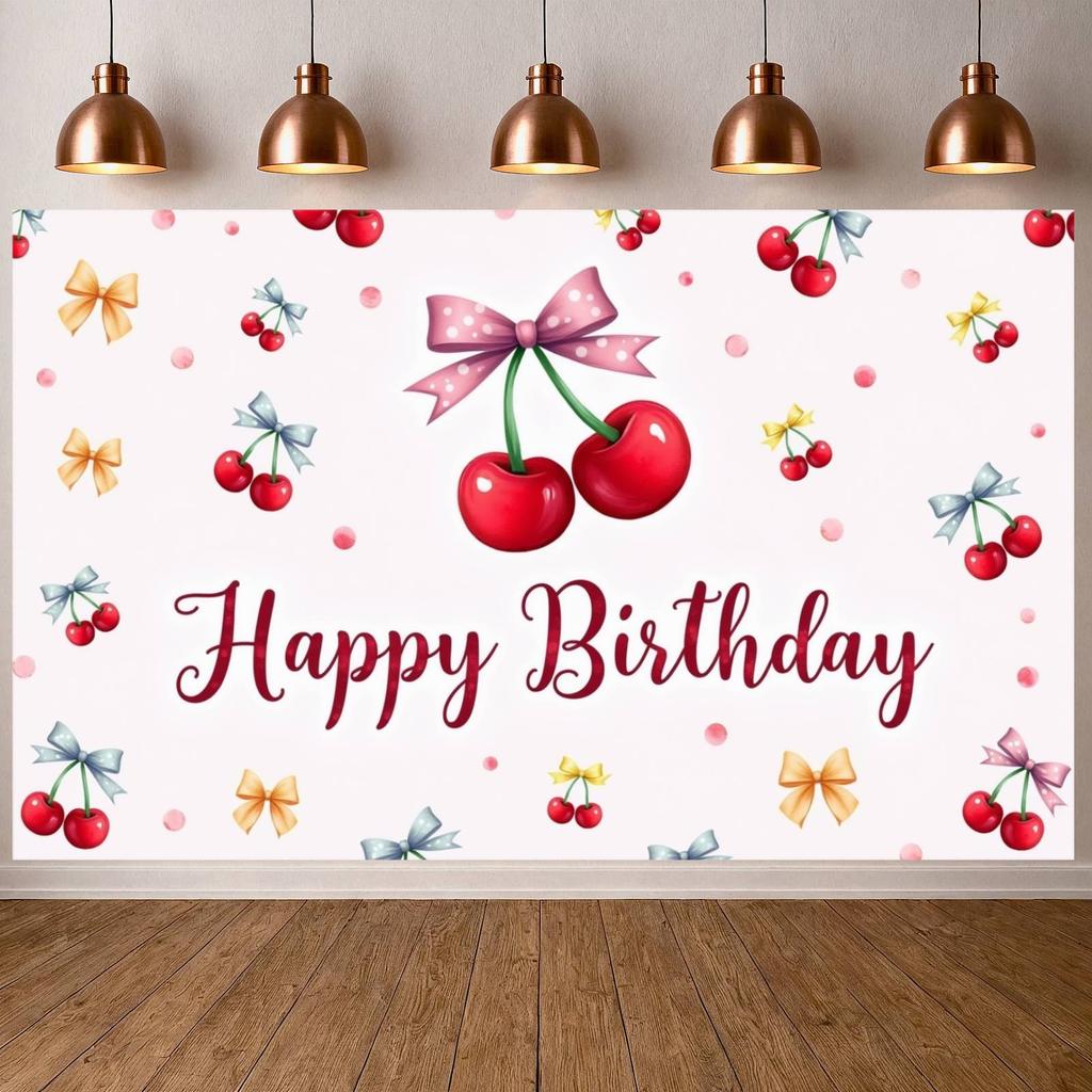 Happy Birthday Banner Sweet Pink Bowknot Cherry Pattern Birthday Party Decoration Backdrop Fruit Theme Photo Background Shoot
