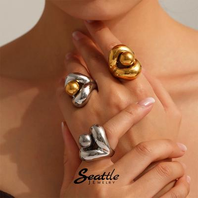 Anillo de Acero Inoxidable de Aleación de Zinc Color Oro para Moda Femenina Ahuecado Esférico Anillos Gruesos Femenino Punk Lujo Zircón