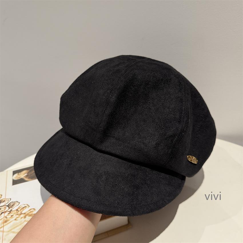 Autumn and winter simple coffee color big head circumference octagonal hat women's autumn and winter retro versatile suede fashion painter hat