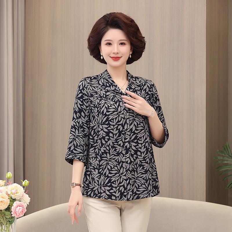 Middle-aged and Elderly Long-sleeved Shirt Women's Style Grandma's Cotton Silk Shirt Plus Size Fat Mother's Spring and Summer Loose Top