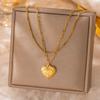18K Gold Plated Heart Pendant Necklace with Engraved Double Layer Chain