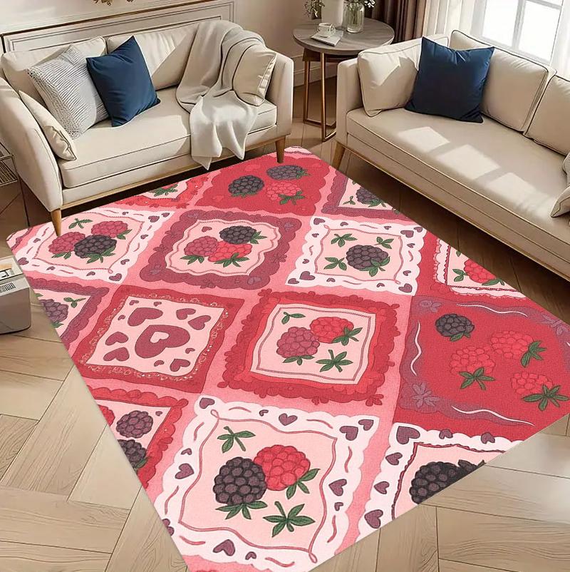 Pink Red Raspberry Area Rug Sweet Fruit Heart Pattern Bathroom Floor Carpet Non-Slip Washable Doormat for Entryway Kitchen